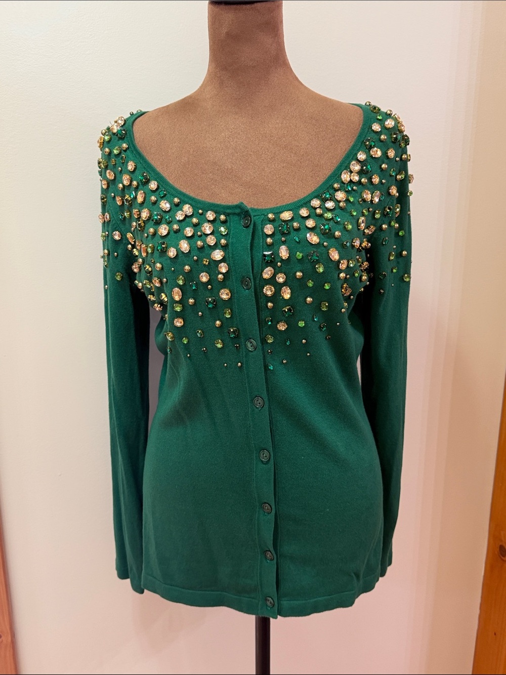 Boston Proper Embellished Green Button Women's Top with Sparkling Stones NWOT